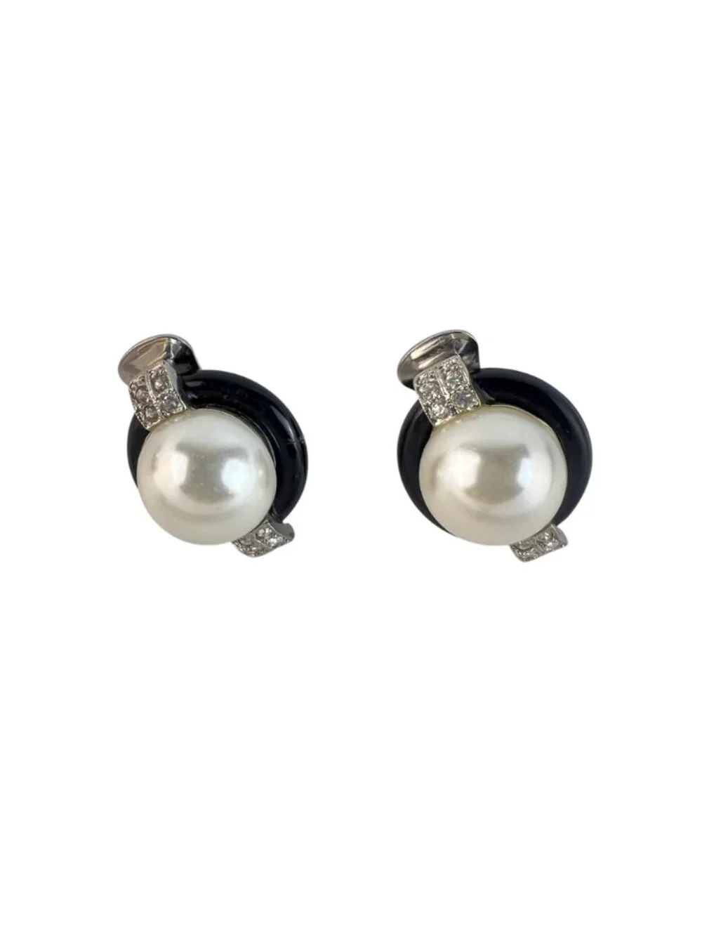 Vintage Kenneth Lane Clip-On Earrings, Faux Black Onyx & Pearls /Pave Rhinestone